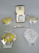 FOUR VINTAGE AA CAR BADGES, a white metal Bosun's whistle and a boxed Ronson petrol pocket