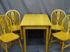 DINING FURNITURE - modern lightwood table with drop sides and matching four wheelback chairs