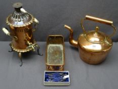 VICTORIAN COPPER KETTLE with acorn lid knop, a vintage copper and brass samovar on fancy feet, seven