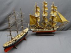 FULLY RIGGED MODEL SHIP on a wooden plinth and another