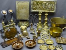 BRASSWARE - an assortment including candle holders, jam pans, fire dogs, a gong, copper candlesticks