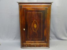 ANTIQUE CORNER CABINET with shell central motif and three base drawers, 117cms H, 83cms W