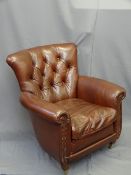 CLUB TYPE LEATHER ARMCHAIR - high quality, button back, dark tan in colour