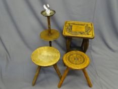 MILKING STOOL, a carved stool, smoker's companion and square top planter stand