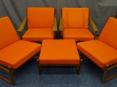 FRANCE & SON DANISH DESIGNER TEAK LOUNGE FURNITURE comprising a pair of elbow chairs, a similar pair