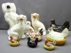 STAFFORDSHIRE HENS ON NEST X 6 and Staffordshire dogs, a parcel