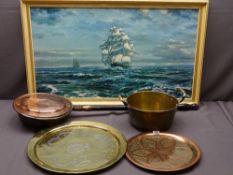 ANTIQUE BRASS & COPPERWARE including a two handled jam pan, a long handled copper warming pan, two