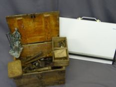 VINTAGE PINE TOOLBOX WITH CONTENTS and a draughtman's board