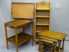 NARROW OPEN-SHELF BOOKCASE, Arts and Crafts style, 115cms H, 38cms W, 18cms D and a polished nest of