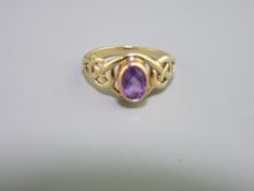 9CT CLOGAU GOLD RING entwined knot design and amethyst in rose gold setting, size N, 3grms gross
