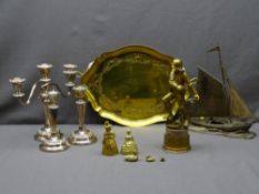 ELECTROPLATE SAILING BOAT ON A PLINTH, metallic and composition fisherman figure standing on anchor,