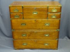 19TH CENTURY MAHOGANY CAMPAIGN SECRETAIRE CHEST, two piece, the upper section having drop-down