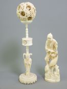 JAPANESE CARVED IVORY OKIMONO, Meiji period with a Chinese Canton carved ivory puzzle ball on stand,