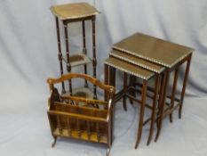MAHOGANY NEST OF THREE TABLES ON SPLAYED FEET, similar style three-tier planter stand and a magazine