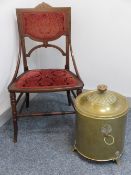EDWARDIAN INLAID MAHOGANY PARLOUR CHAIR and a Regency style brass circular coal bin with lid and