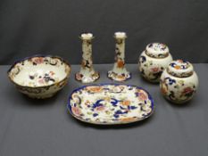 MASONS MANDALAY - a pair of lidded ginger jars, a pair of candle holders, a platter and a pedestal