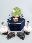 20TH CENTURY CLOISONNE ENAMELS, a collection, with two Chinese carved hardwood stands with a blue