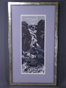 SIR KYFFIN WILLIAMS RA unsigned print - a waterfall from an original linocut, possibly by Gregynog