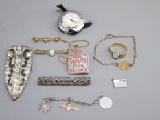 9CT GOLD UNMARKED YELLOW METAL and other jewellery and collectables to include an opal bar brooch, a