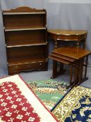 WATERFALL TYPE BOOKCASE with base drawer, serpentine front hall table, a nest of three coffee tables