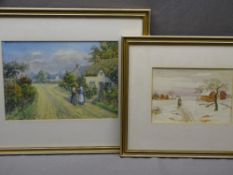 J S WOOD watercolour - two bonneted ladies chatting outside a thatched cottage, 23 x 33cms, signed