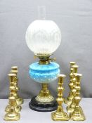 VICTORIAN OIL LAMP with etched glass shade and a quantity of brass candlesticks