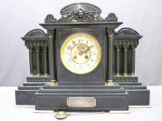 VICTORIAN BLACK MARBLE/SLATE MANTEL CLOCK with presentation plaque dated 1898, architectural style