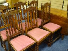 LARGE BARLEY TWIST GATE-LEG DINING TABLE, 160 x 120cms extended plus six barley twist high back