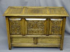 BLANKET BOX - Priory style with three carved panels to the front, 72cms H, 108cms W, 52cms D