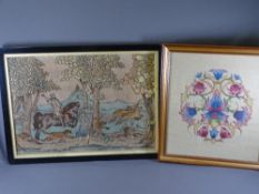 TWO NEEDLEWORK PICTURES including a Royal Hunt scene in medieval tapestry style, 40 x 58cms and a