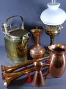 VINTAGE & LATER COPPER & BRASSWARE including two long coaching type horns, a brass water/milk can,