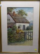 J S WOOD watercolour - a pipe smoking gentleman leaning on a wall outside a thatched cottage, 49 x