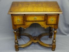 REPRODUCTION OAK LOWBOY with crossbanded detail, crinoline stretcher, 70cms H, 76cms W, 46cms D