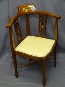 ANTIQUE MAHOGANY CORNER CHAIR with inlaid detail, fan motif and cross stretcher