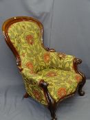 SPOONBACK ARMCHAIR, fine quality with modern upholstery, scroll arms and feet