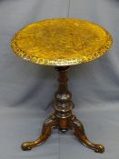 BURR WALNUT TOPPED CIRCULAR OCCASIONAL TABLE on tripod supports, 72cms H, 54cms diameter