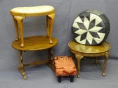 KIDNEY SHAPED STOOL, oval Arts and Crafts style occasional table, another occasional table, pouffe