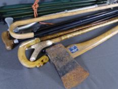 CHESTER SILVER TOPPED WALKING CANE and others, extending line poles, garden umbrella and a woodman's