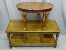 POLISHED LONG-JOHN COFFEE TABLE with lower shelf and an occasional table with pie crust edge