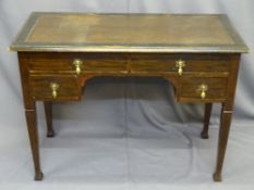 KNEEHOLE DESK - polished with a rexine type tooled top, 76cms H, 107cms W, 54cms D