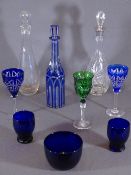 SILVER NECKED DECANTER, Birmingham 1977, two further decanters including a facet cut blue overlay