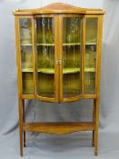 EDWARDIAN CHINA CABINET with convex central glazed doors, lower shelf, railback top and inlaid