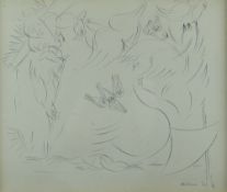 ERIC MALTHOUSE (1914-1997) ink drawing - man and pigeons, signed and dated 1954, 27 x 32cms