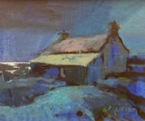 MEIRION JONES mixed media - house in moonlight, entitled 'Golau ar Fae Ceredigion', signed, 25 x