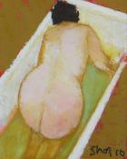 HERMON SHAPIRO (1933-2016) oil on board - woman in bath, entitled 'Bath Time', signed and dated