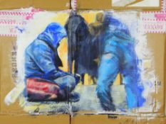 LYNNE FORDHAM unframed mixed media on cardboard box - young people gathered, entitled 'Focus',