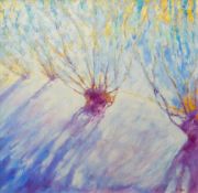 GWYN CECIL WILLIAMS oil on canvas - purple and yellow trees, entitled 'Sunlit Coppice Woods,