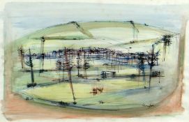 ROBERT HUNTER (1920-1996) ink and watercolour - landscape with trees, entitled 'Floods', signed,