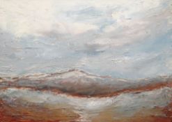 ESTHER ECKLEY oil on board - expansive skyline with hill and valley below, entitled 'Bryniau ac
