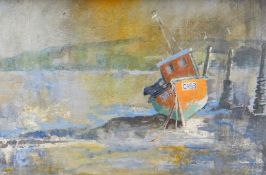 JOANNE JONES oil on board - boat in water, entitled 'Poppit', signed, 21 x 31cms